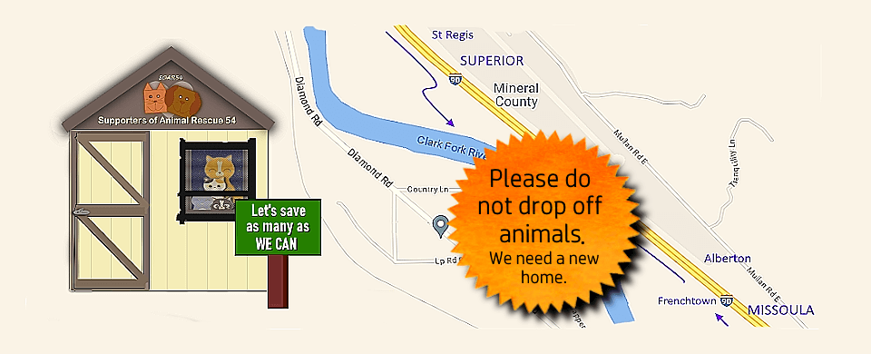 SOAR 54 Currently Cannot Accept Animals. Call 406 802-0285 if you can help.